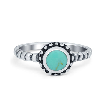 Petite Dainty Stone Oxidized Round Simulated Turquoise CZ 925 Sterling Silver